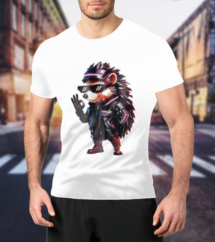 Danger Hedgehog Pixel Sunglasses Leather Jacket T-Shirt