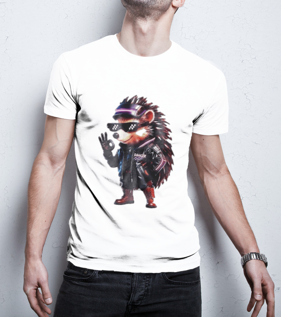 Danger Hedgehog Pixel Sunglasses Leather Jacket T-Shirt