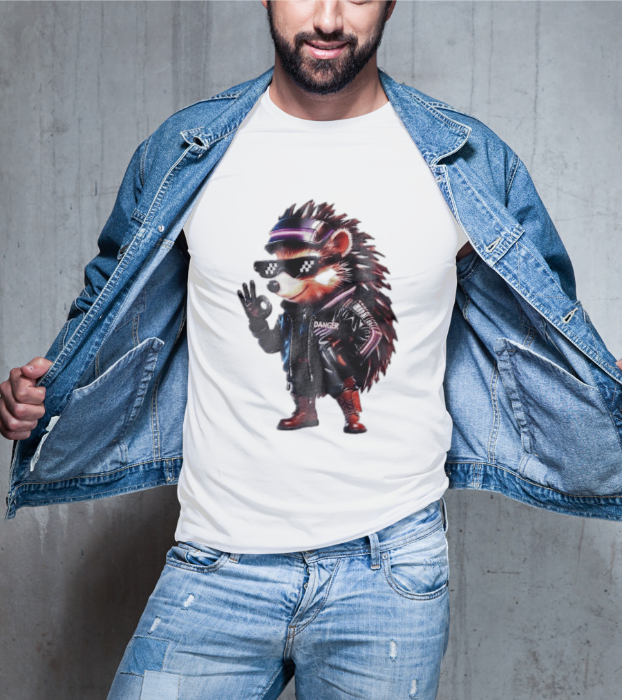 Danger Hedgehog Pixel Sunglasses Leather Jacket T-Shirt