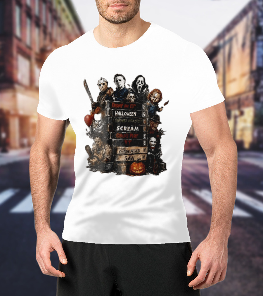 Friday The 13th Halloween Nightmare On Elm Street Scream Child's Play IT Texas Chainsaw Massacre Saw Horror Movie Stack T-Shirt