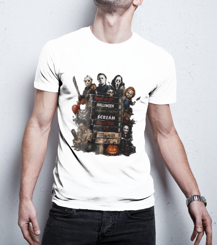 Friday The 13th Halloween Nightmare On Elm Street Scream Child's Play IT Texas Chainsaw Massacre Saw Horror Movie Stack T-Shirt