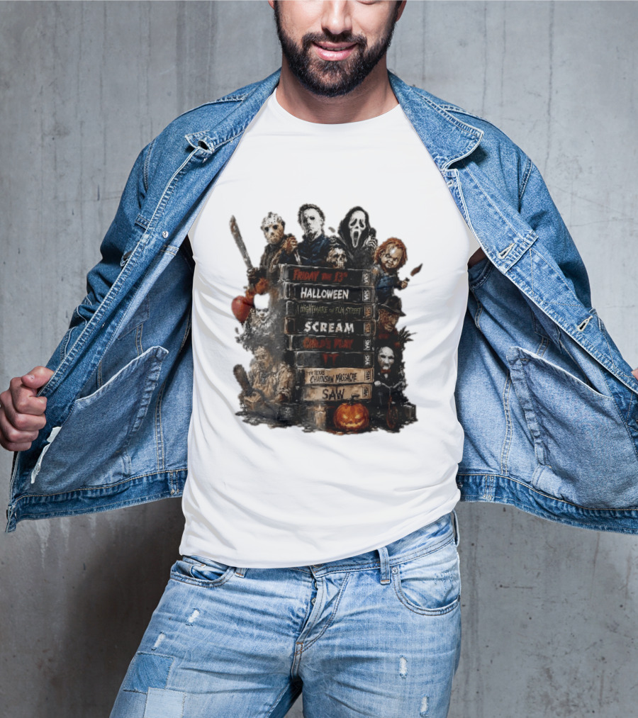 Friday The 13th Halloween Nightmare On Elm Street Scream Child's Play IT Texas Chainsaw Massacre Saw Horror Movie Stack T-Shirt
