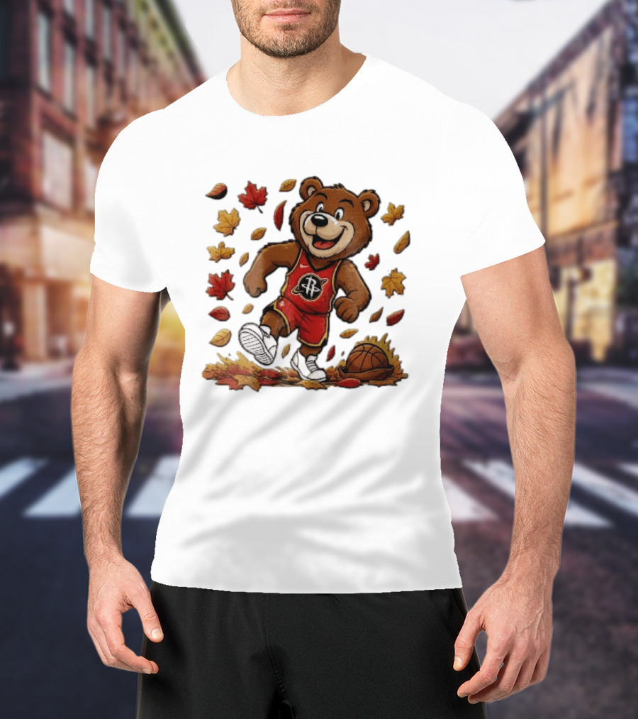 Houston Rockets Clutch The Bear Running With Basketball And Autumn Leaves T-Shirt