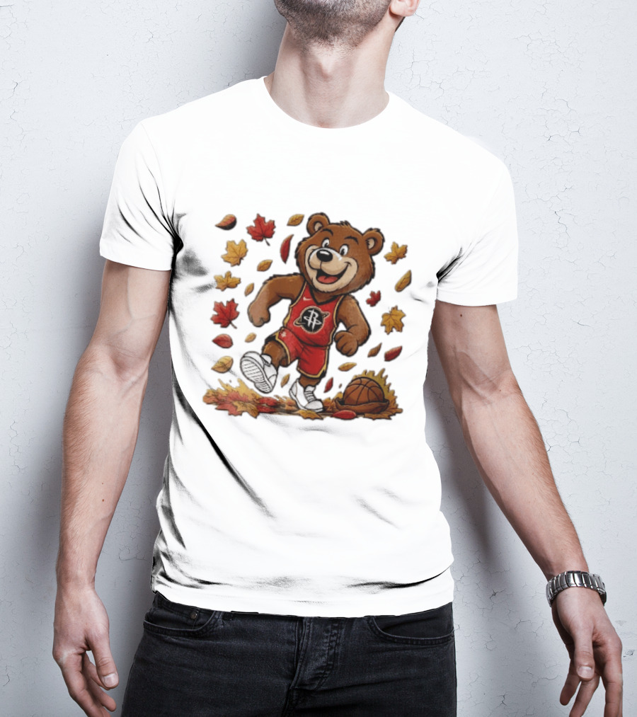 Houston Rockets Clutch The Bear Running With Basketball And Autumn Leaves T-Shirt