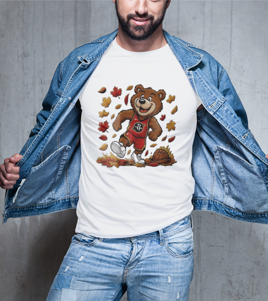Houston Rockets Clutch The Bear Running With Basketball And Autumn Leaves T-Shirt