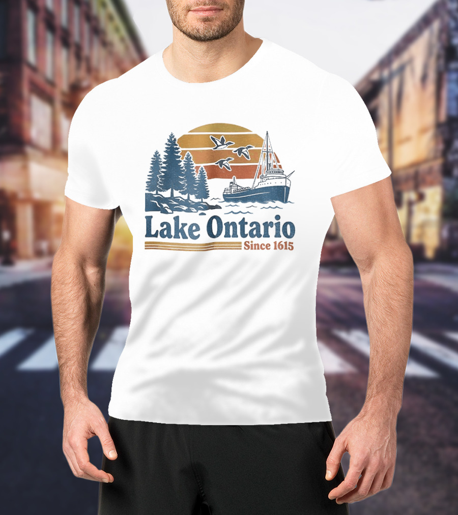 Lake Ontario Great Lakes Since 1615 Scenic Sunrise With Ship And Trees T-Shirt