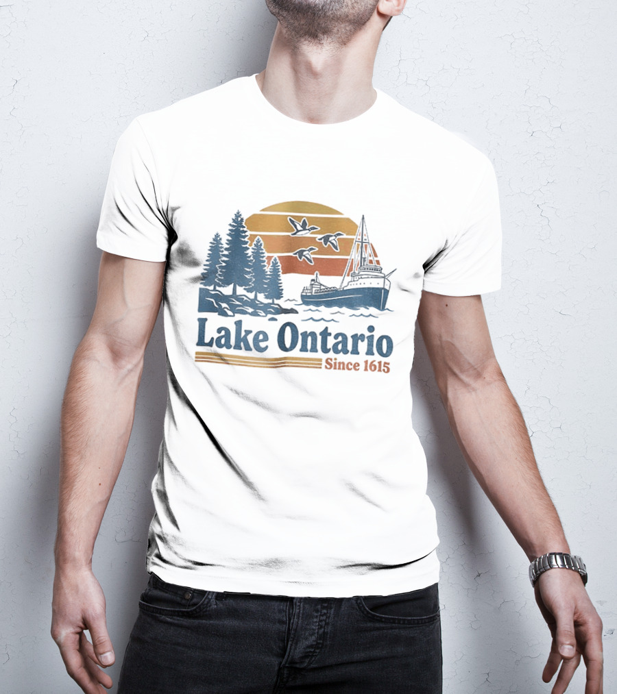 Lake Ontario Great Lakes Since 1615 Scenic Sunrise With Ship And Trees T-Shirt