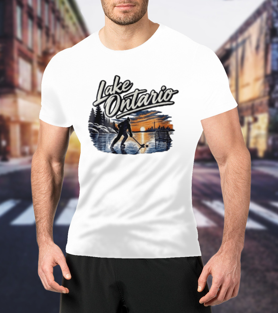 Lake Ontario Ice Hockey Player Skating Sunset Toronto Skyline T-Shirt