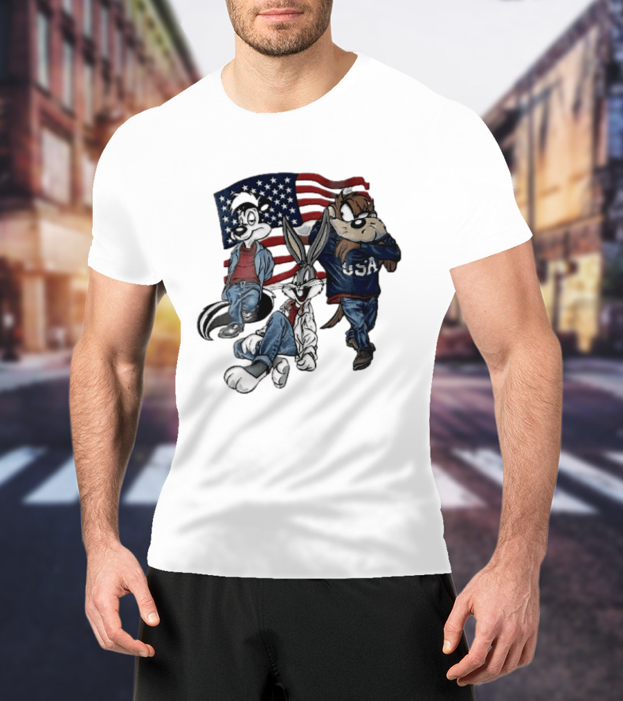 Looney Tunes Pepe Le Pew Bugs Bunny Tasmanian Devil USA American Flag Caricature T-Shirt