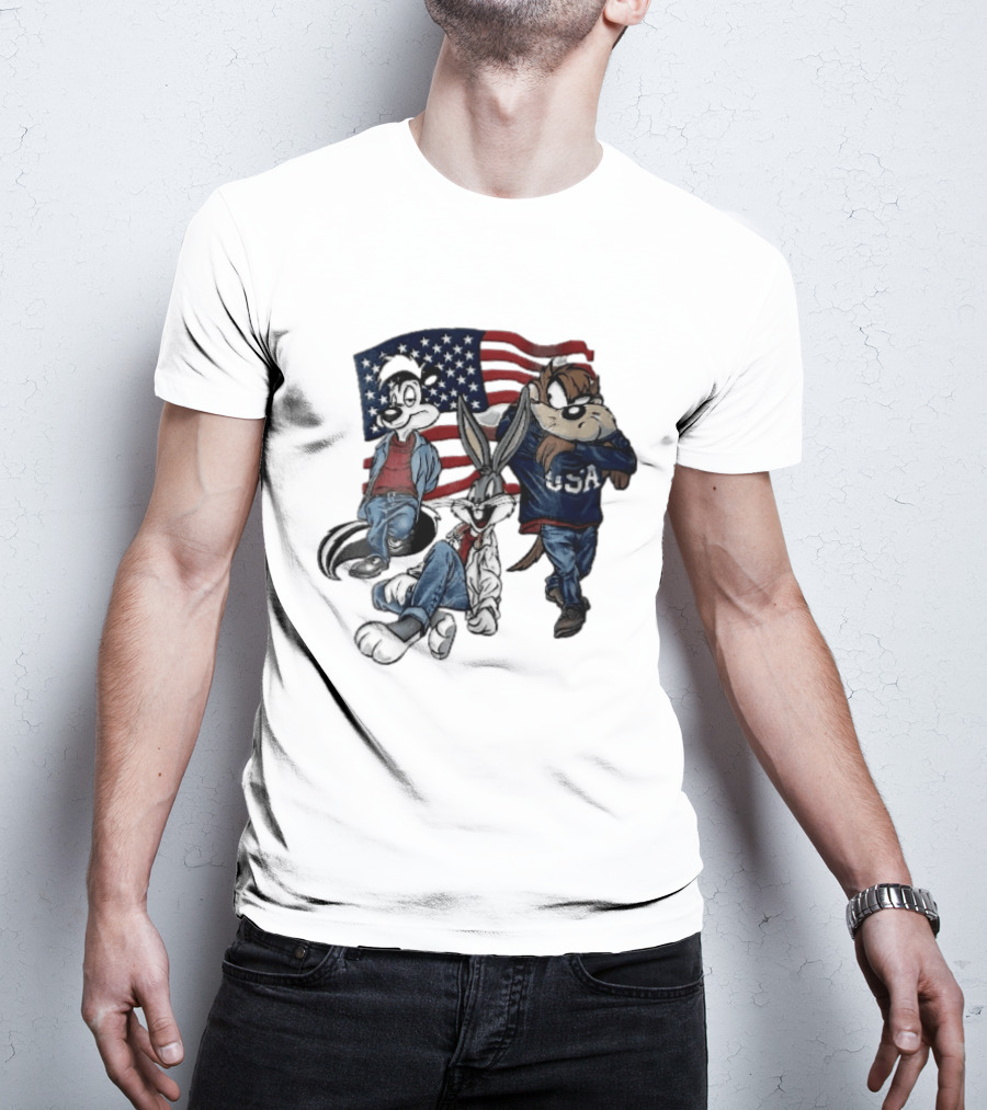 Looney Tunes Pepe Le Pew Bugs Bunny Tasmanian Devil USA American Flag Caricature T-Shirt