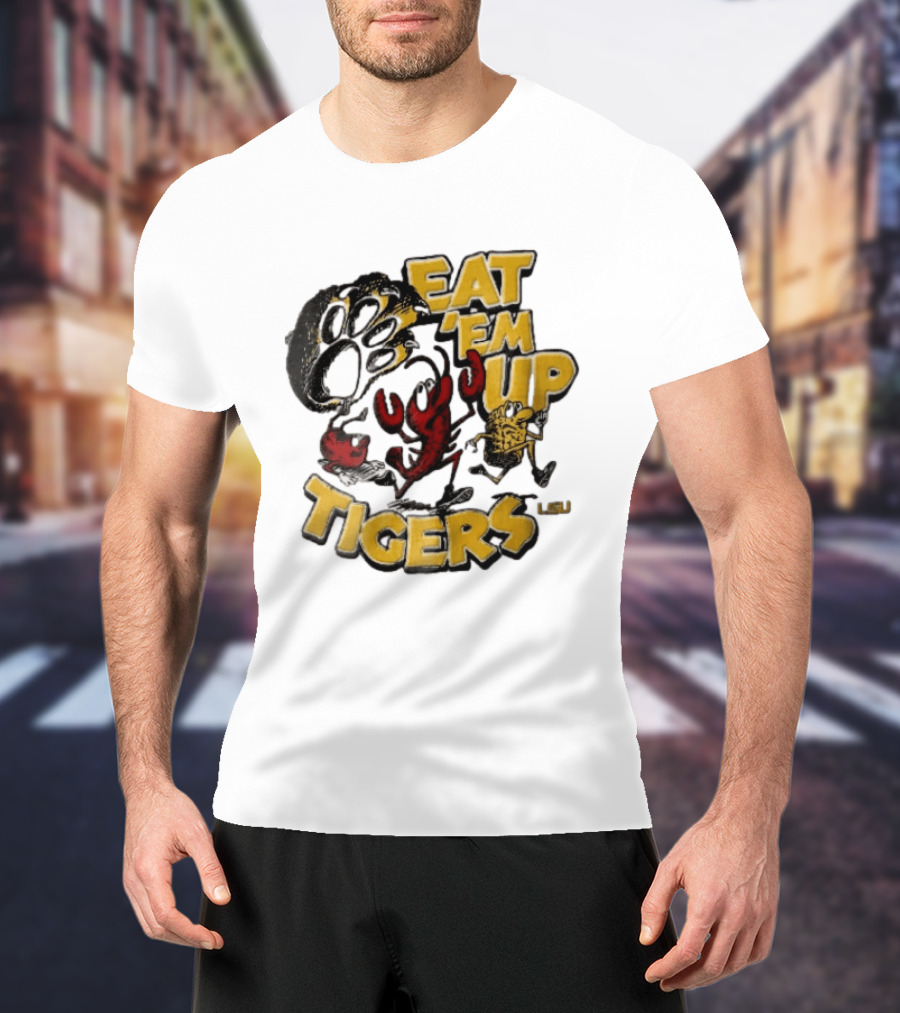 LSU Tigers Eat Em Up Cartoon Crawfish Corn Bean Paw Running T-Shirt