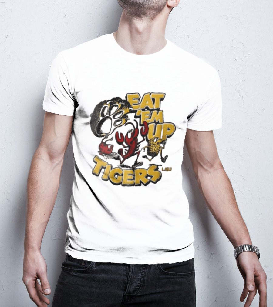 LSU Tigers Eat Em Up Cartoon Crawfish Corn Bean Paw Running T-Shirt