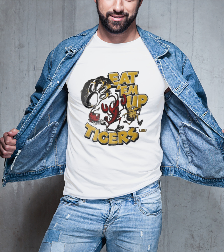 LSU Tigers Eat Em Up Cartoon Crawfish Corn Bean Paw Running T-Shirt
