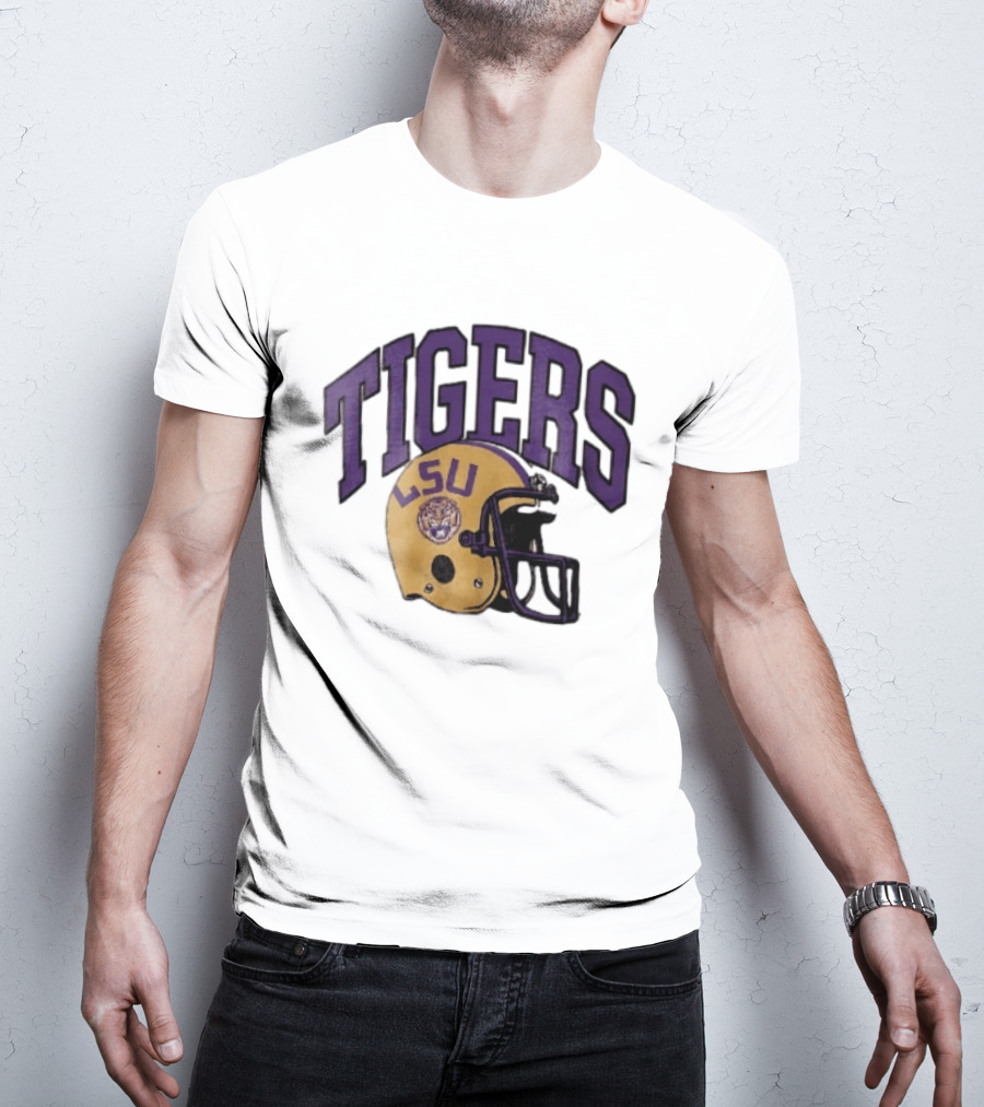 LSU Tigers Yellow Football Helmet Purple Arched Letters NCAA T-Shirt