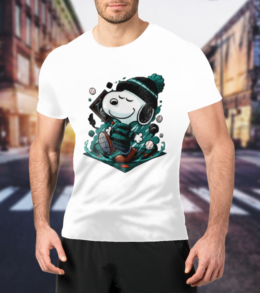 Miami Marlins MLB Snoopy Walking Teal Winter Beanie Striped Baseballs T-Shirt