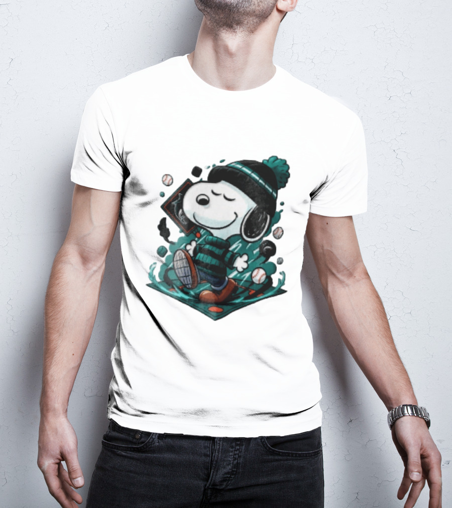 Miami Marlins MLB Snoopy Walking Teal Winter Beanie Striped Baseballs T-Shirt