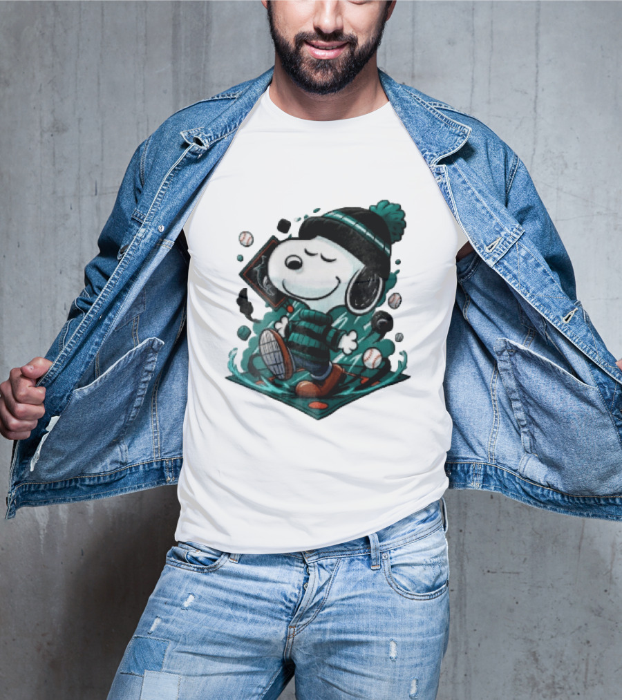 Miami Marlins MLB Snoopy Walking Teal Winter Beanie Striped Baseballs T-Shirt