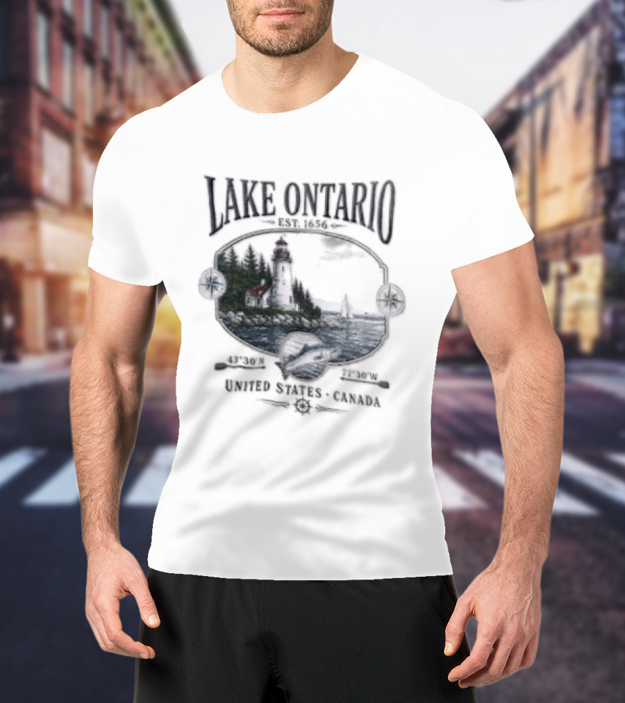 Lake Ontario Lighthouse Sailboat Fish 43 30 And 77 W United States Canada T-Shirt