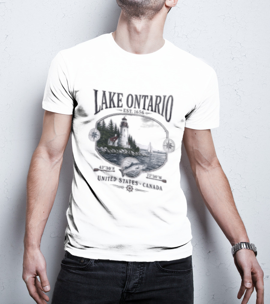 Lake Ontario Lighthouse Sailboat Fish 43 30 And 77 W United States Canada T-Shirt