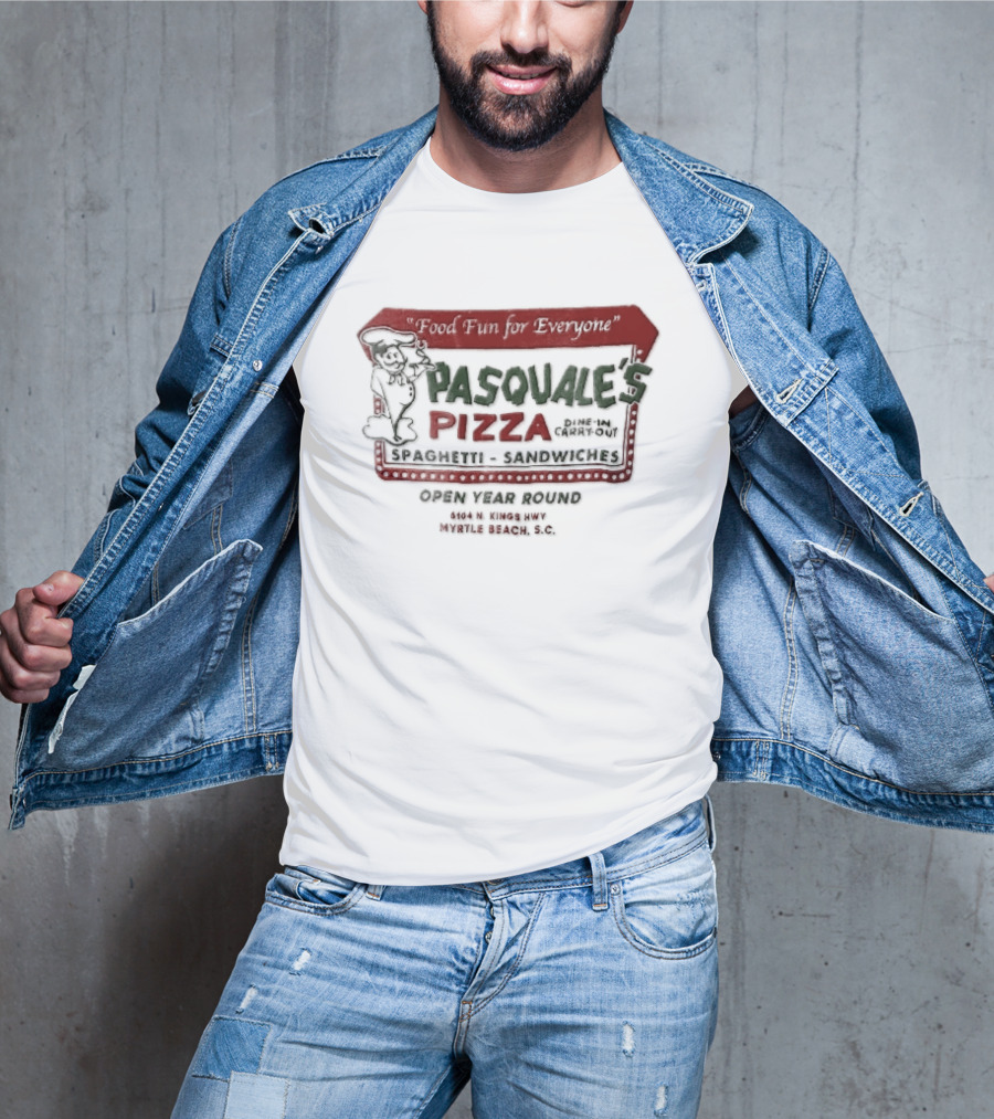 Pasquales Pizza Food Fun For Everyone Myrtle Beach Cartoon Chef Marquee Sign Spaghetti Sandwiches T-Shirt