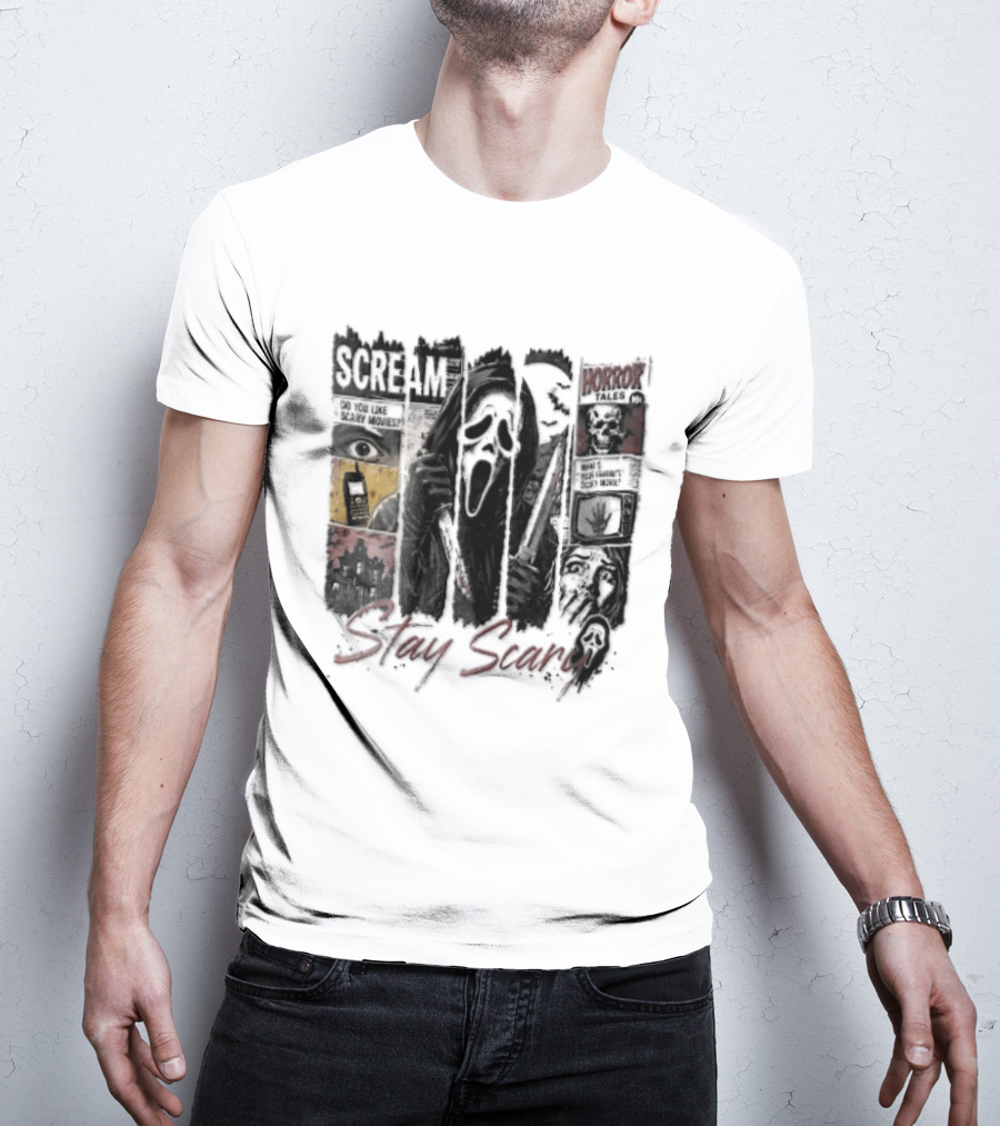 Scream Stay Scary Ghostface Comic Bloody Dagger Do You Like Scary Movies T-Shirt