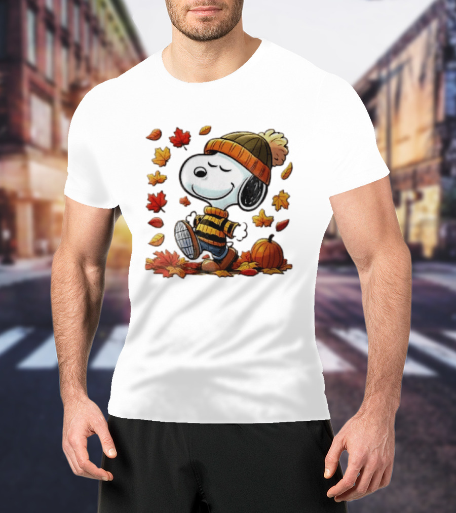 Snoopy Walking In Striped Beanie With Autumn Leaves And Pumpkin T-Shirt