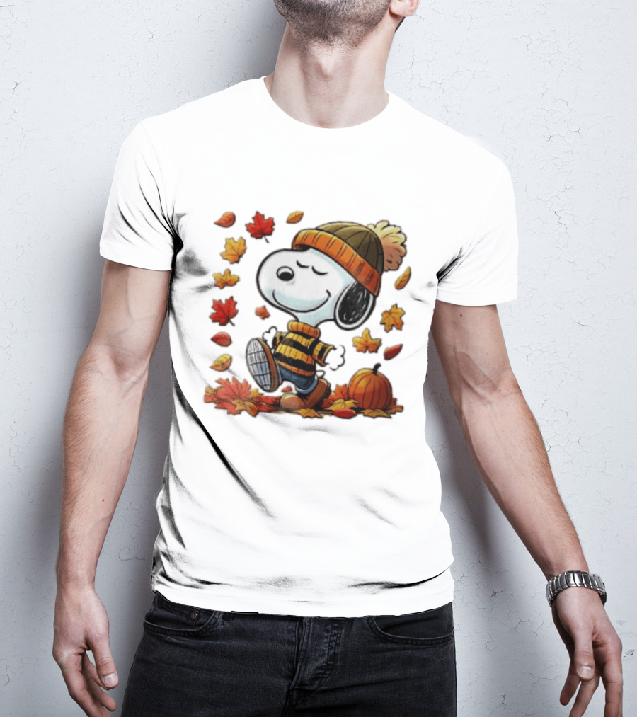Snoopy Walking In Striped Beanie With Autumn Leaves And Pumpkin T-Shirt