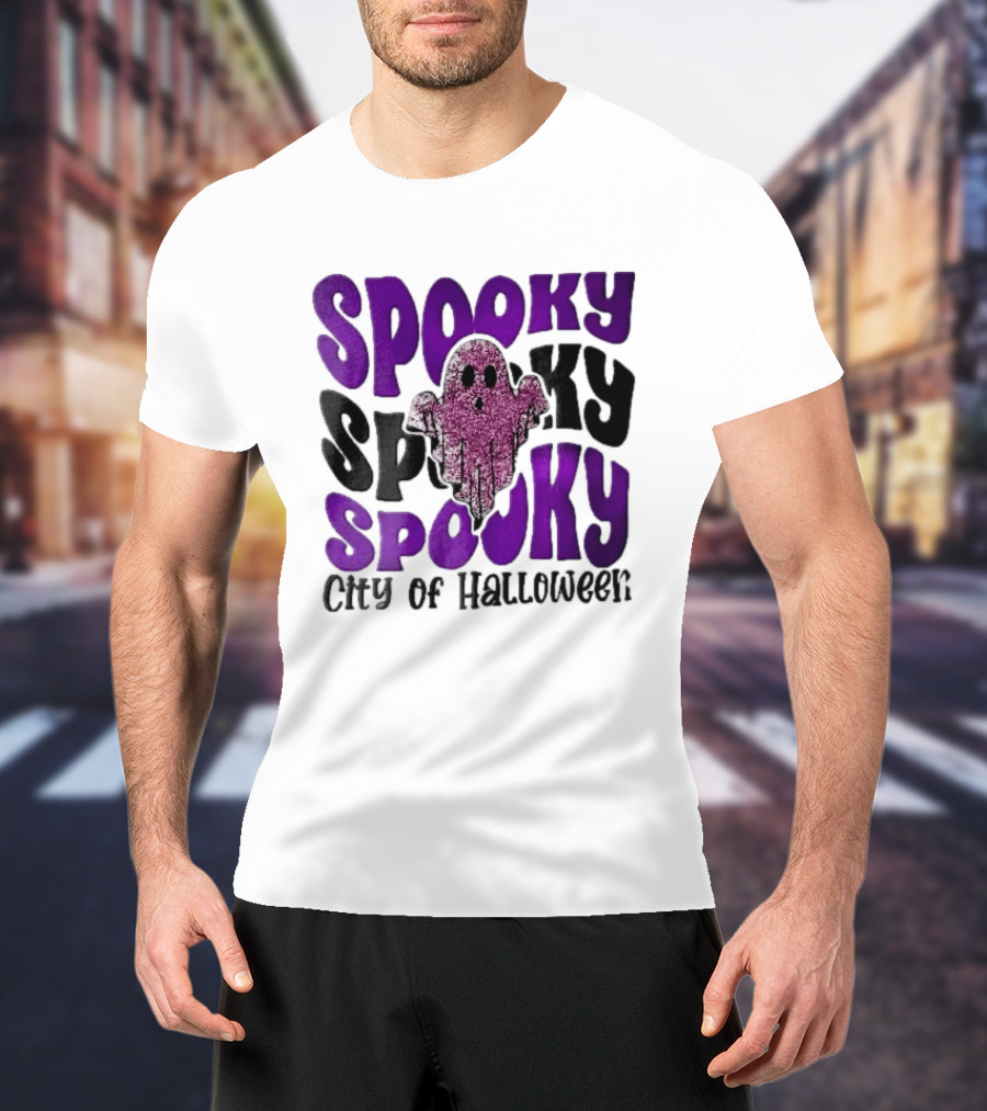 Spooky City Of Halloween Pink Glitter Ghost Retro Groovy T-Shirt