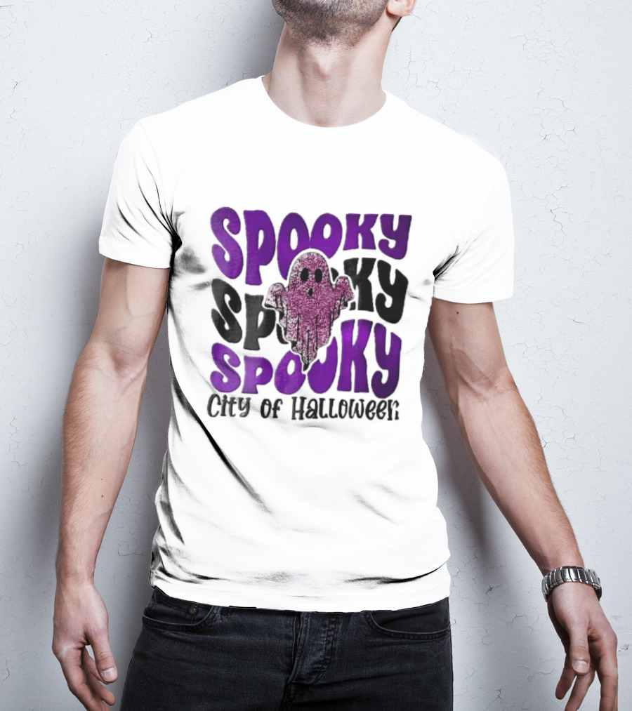 Spooky City Of Halloween Pink Glitter Ghost Retro Groovy T-Shirt
