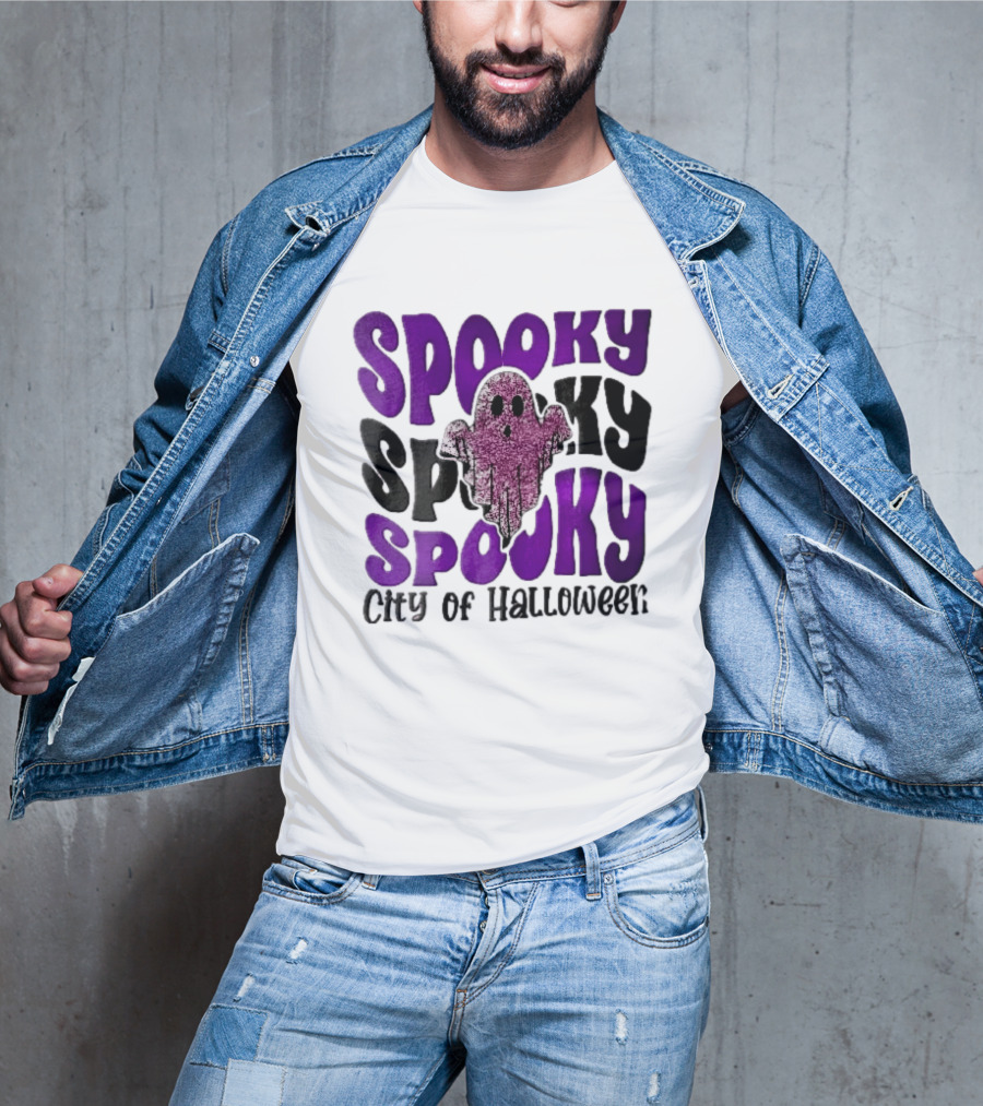 Spooky City Of Halloween Pink Glitter Ghost Retro Groovy T-Shirt
