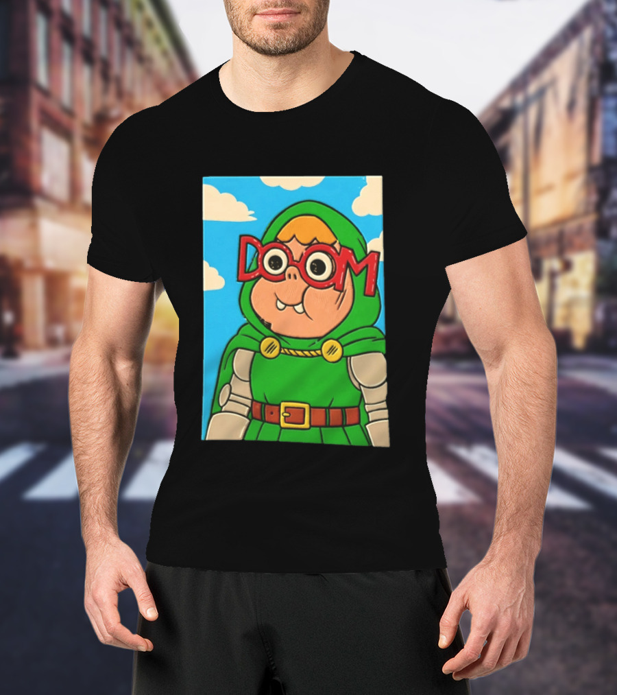 Clarence Doctor Doom Cartoon Crossover DOOM Glasses Green Hood Clouds T-Shirt