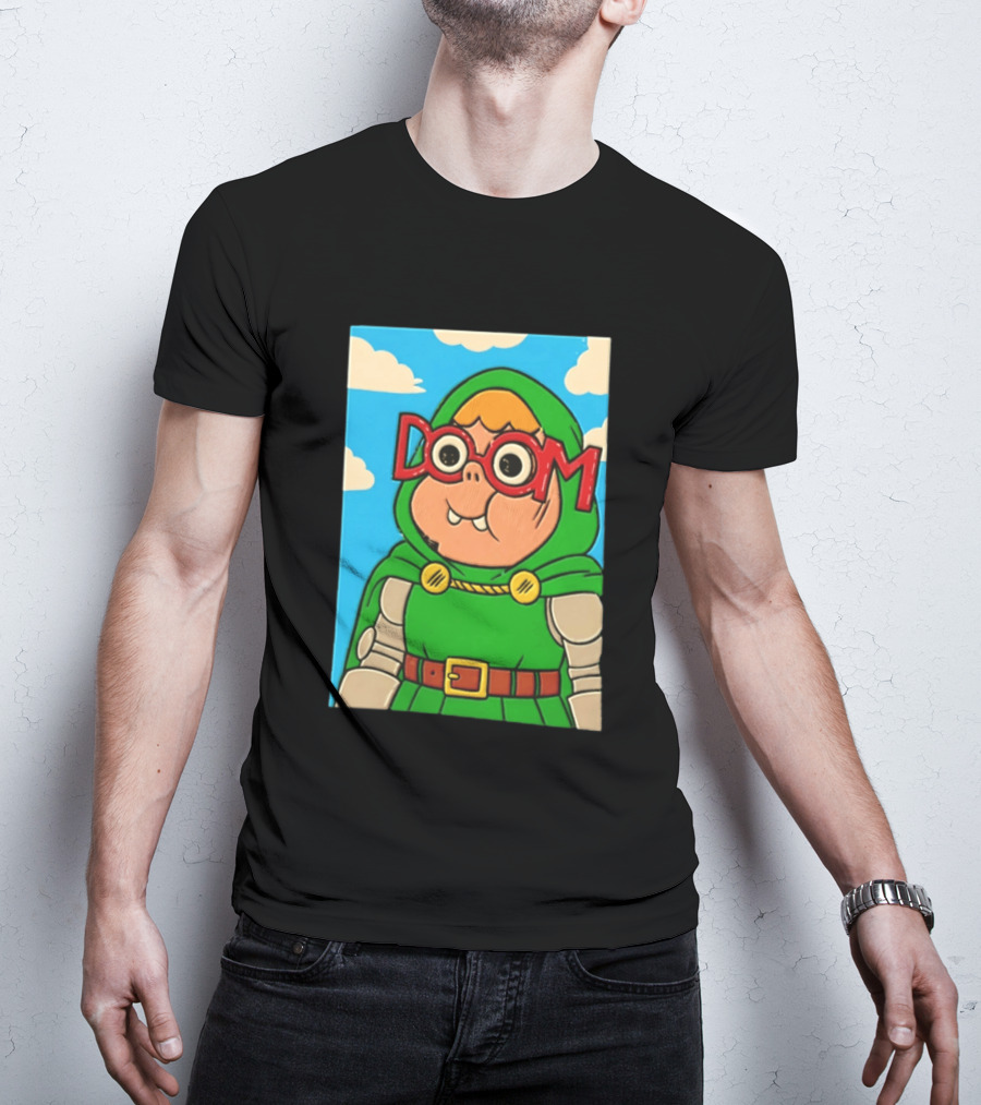 Clarence Doctor Doom Cartoon Crossover DOOM Glasses Green Hood Clouds T-Shirt