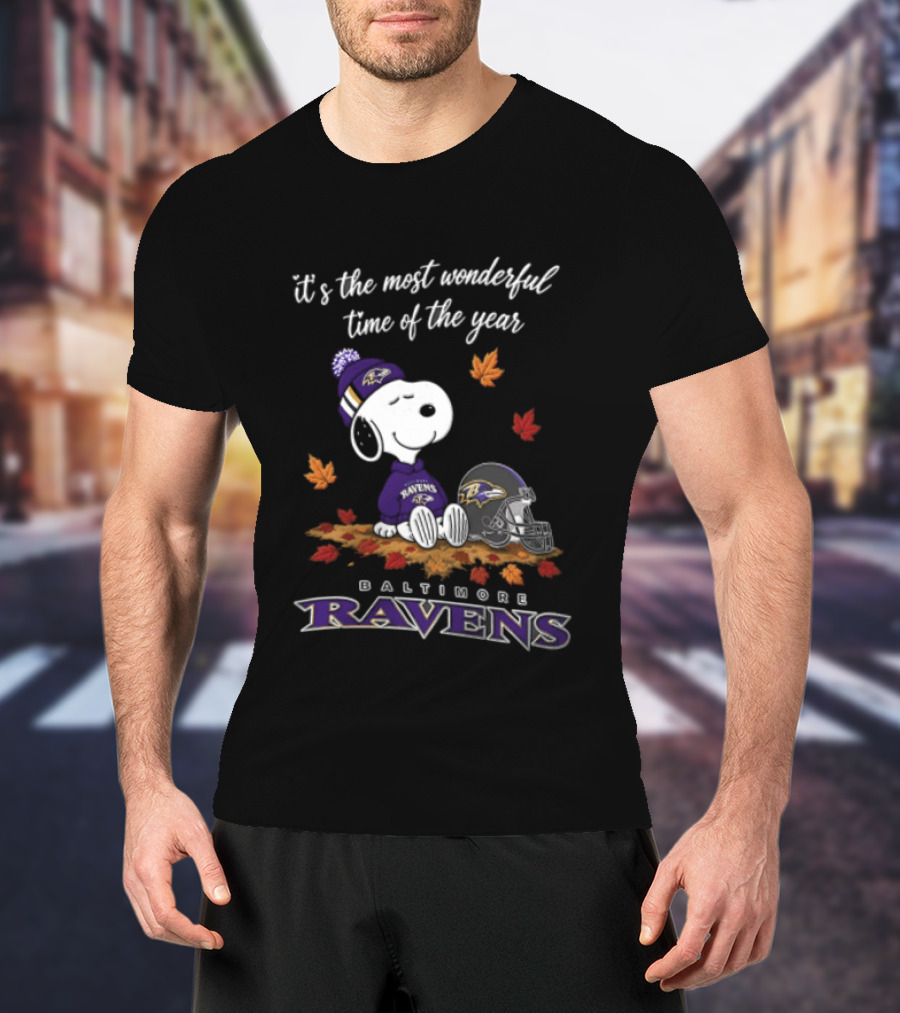 It's The Most Wonderful Time Of The Year Snoopy Baltimore Ravens Beagle Beanie Helmet Autumn Leaves T-Shirt