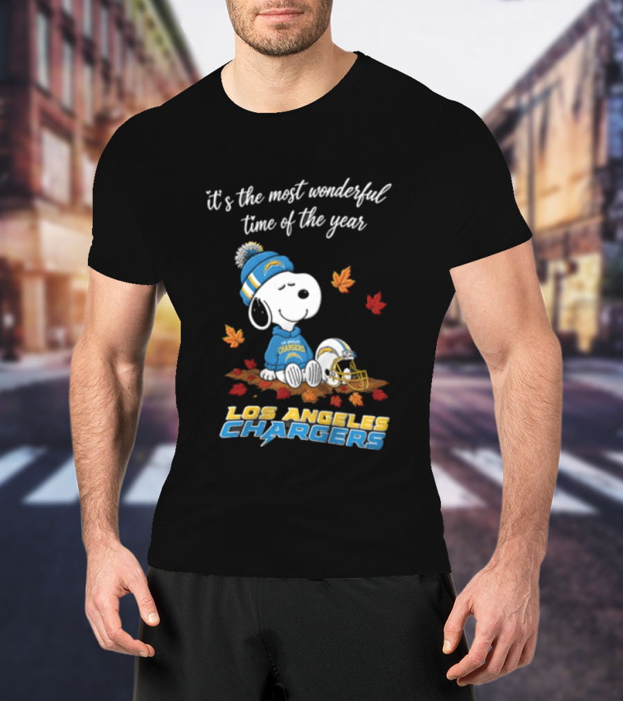 It's The Most Wonderful Time Of The Year Snoopy Los Angeles Chargers Beanie Autumn Leaves Football Helmet T-Shirt