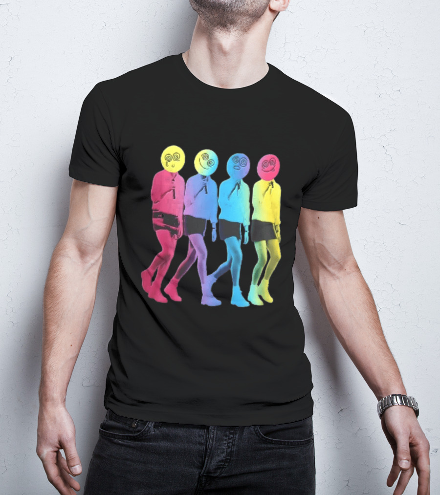 Four Neon Spiral Smileys Singing Colorful Figures T-Shirt