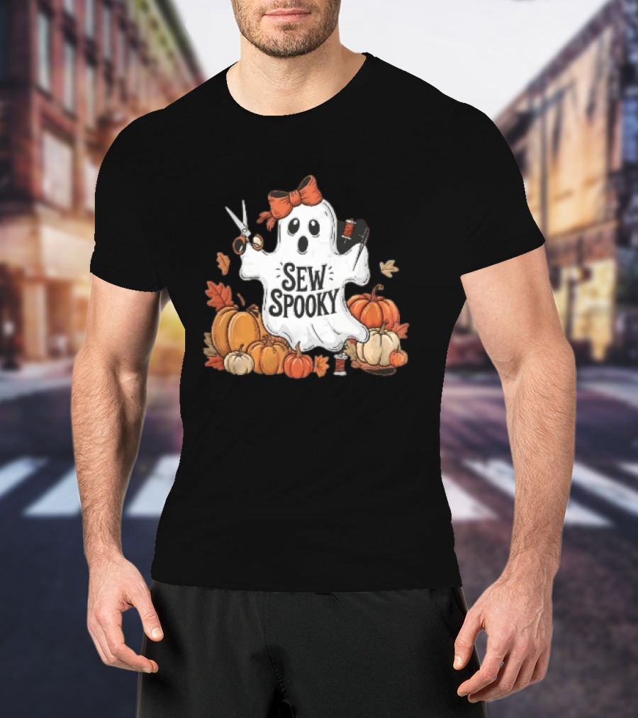 Sew Spooky Ghost With Bow Scissors Pumpkins Autumn Leaves Thread Spools T-Shirt