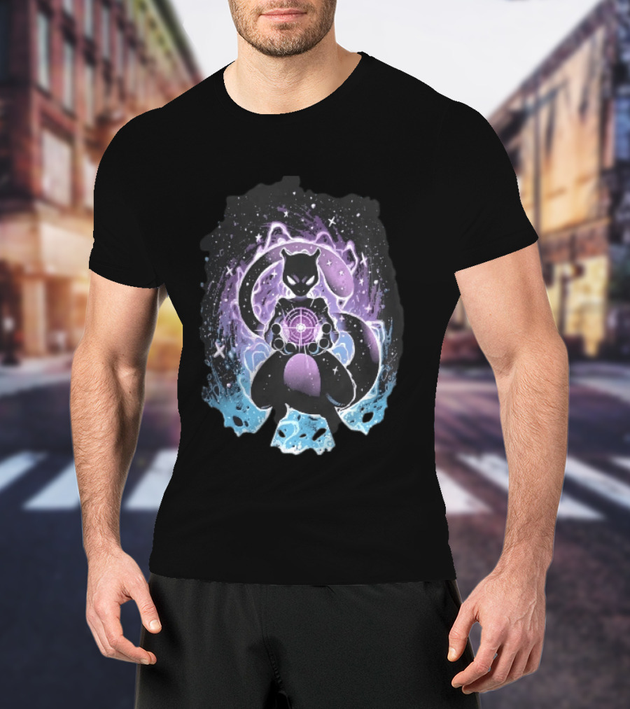 Mewtwo Cosmic Purple Energy Sphere Galaxy Stars Blue Flames T-Shirt