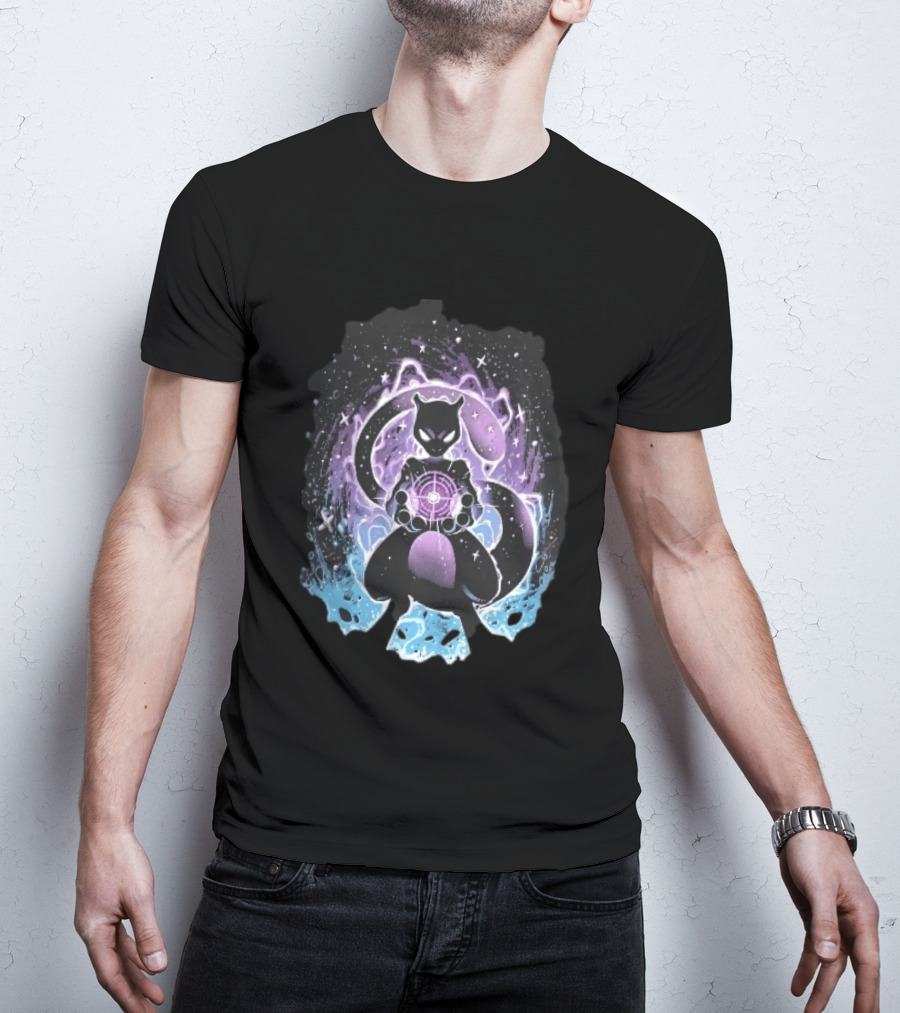 Mewtwo Cosmic Purple Energy Sphere Galaxy Stars Blue Flames T-Shirt