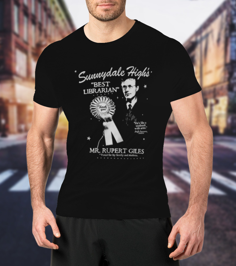 Sunnydale Highs Best Librarian Mr Rupert Giles Anthony Head Ribbon Award Stars Halftone T-Shirt