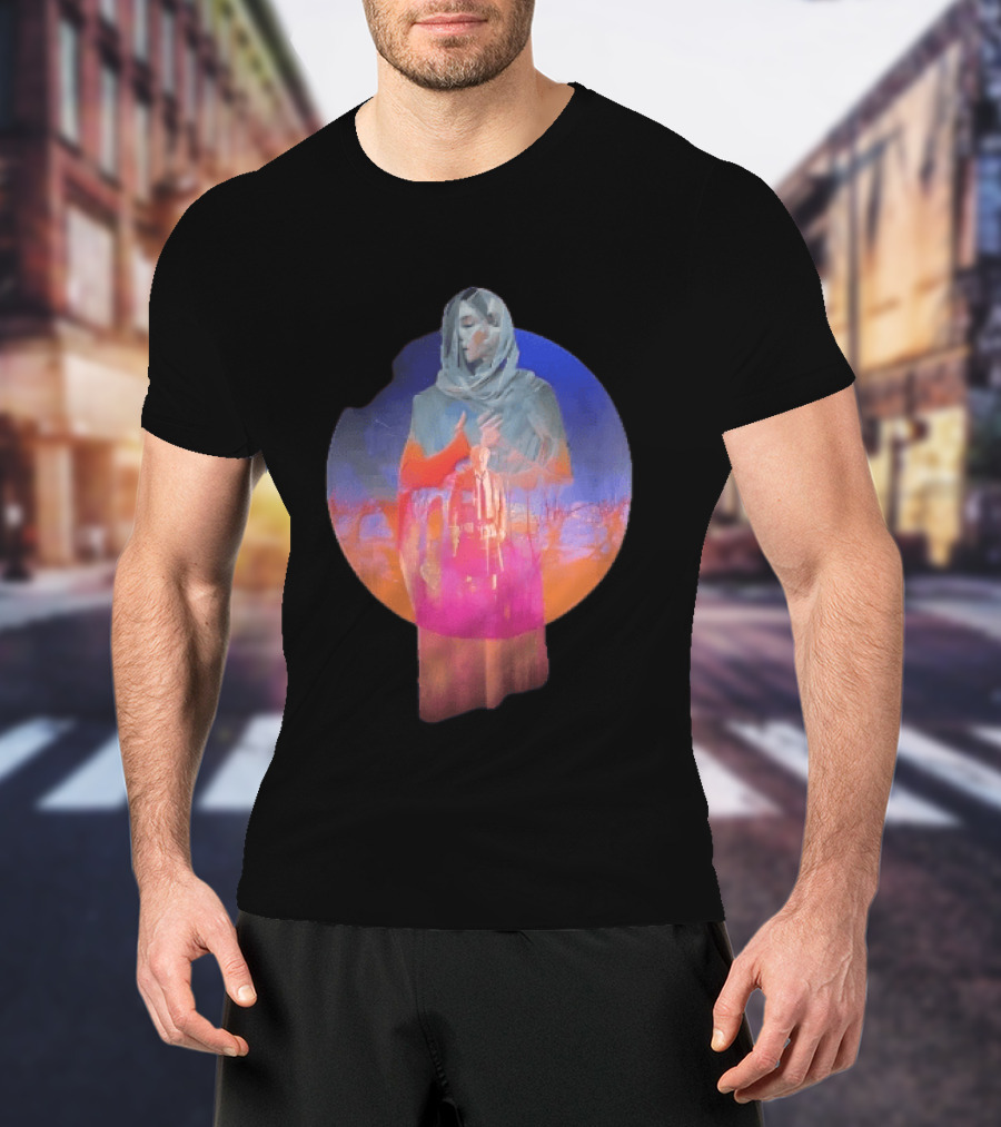 Veiled Hooded Cloak Double Exposure Bare Trees Glowing Sunset Globe T-Shirt