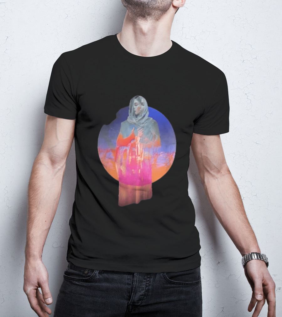 Veiled Hooded Cloak Double Exposure Bare Trees Glowing Sunset Globe T-Shirt