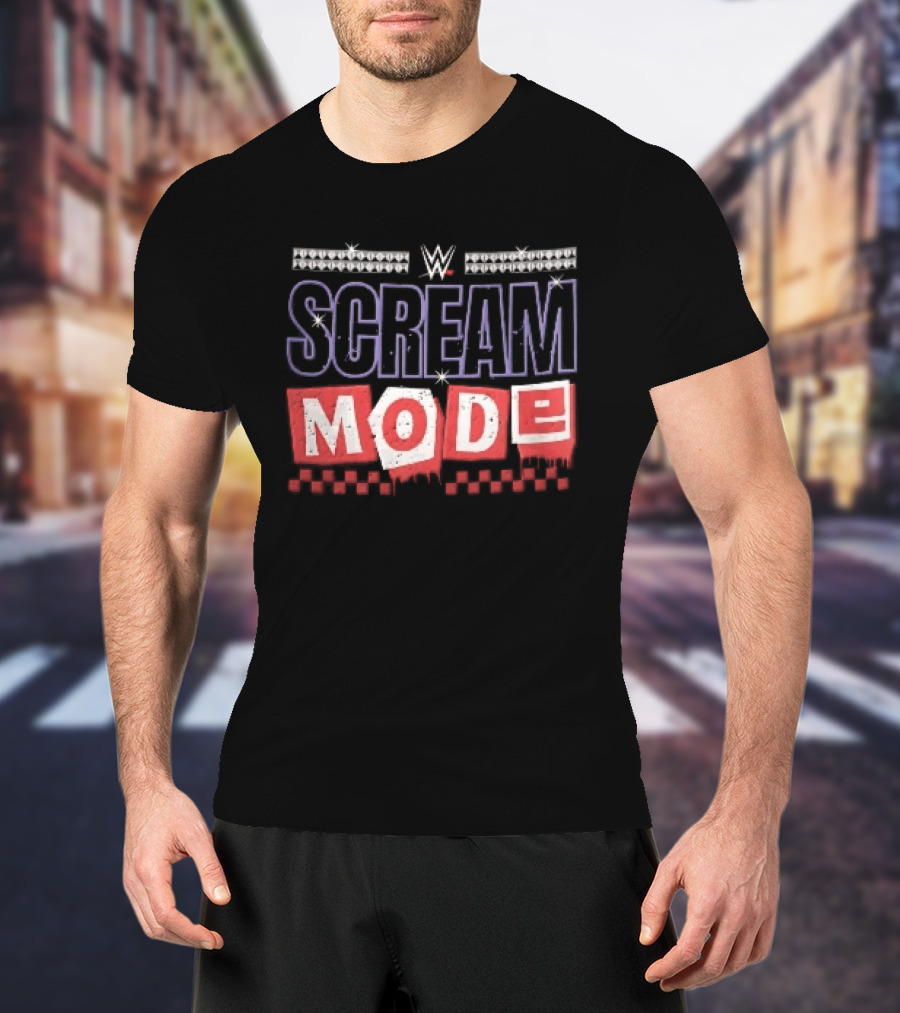 Scream Mode WWE Silver Studs Red Cutout Dripping Blocks Checkered T-Shirt