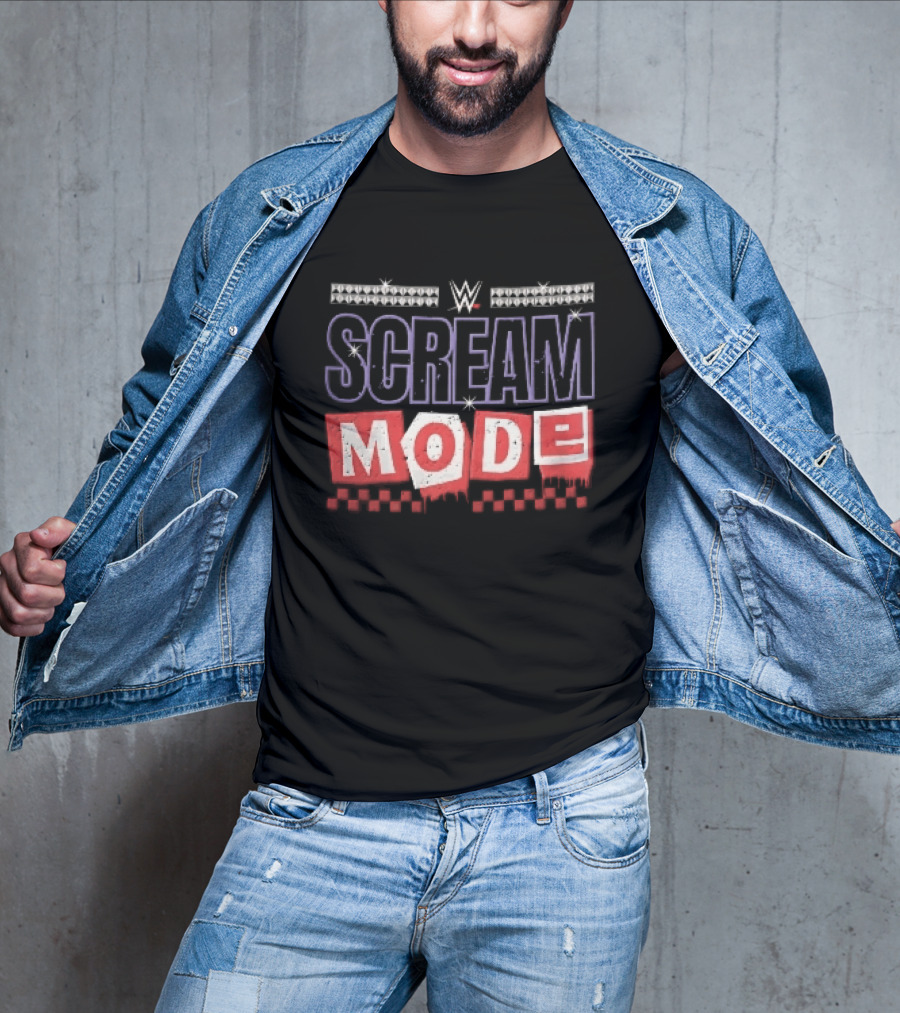 Scream Mode WWE Silver Studs Red Cutout Dripping Blocks Checkered T-Shirt