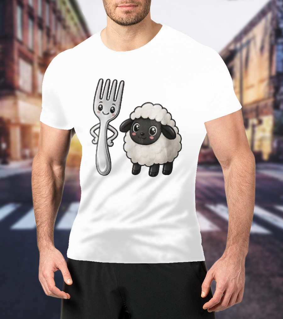 Chibi Style Silver Fork And Cute Black Faced Lamb Cartoon T-Shirt