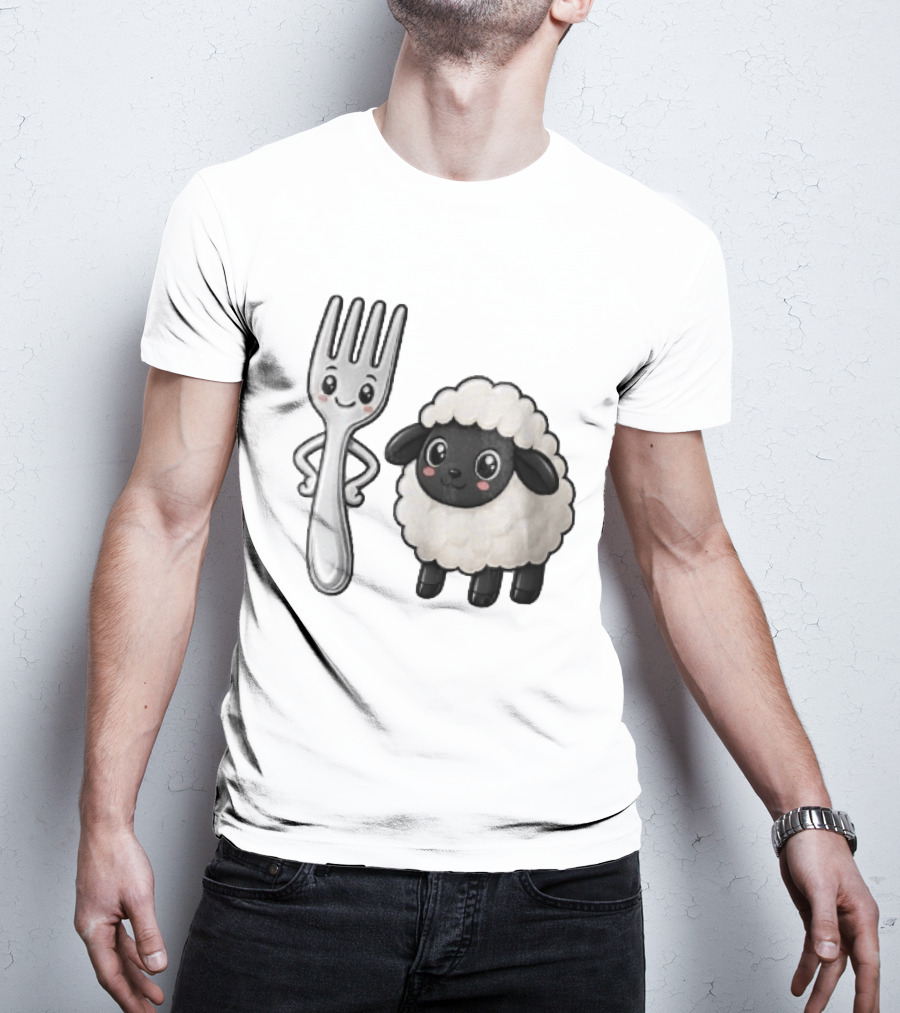 Chibi Style Silver Fork And Cute Black Faced Lamb Cartoon T-Shirt