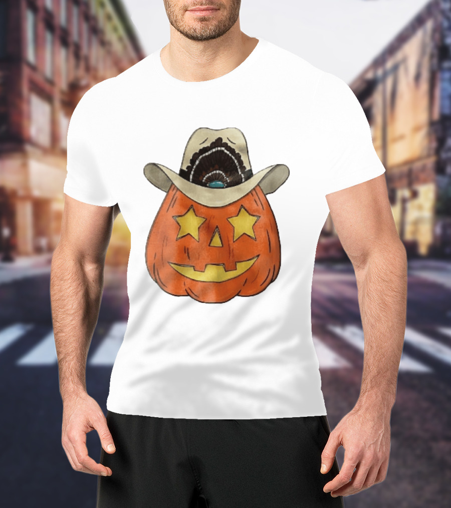 Starry Eyed Jack O Lantern Pumpkin Cowboy Hat Feather T-Shirt