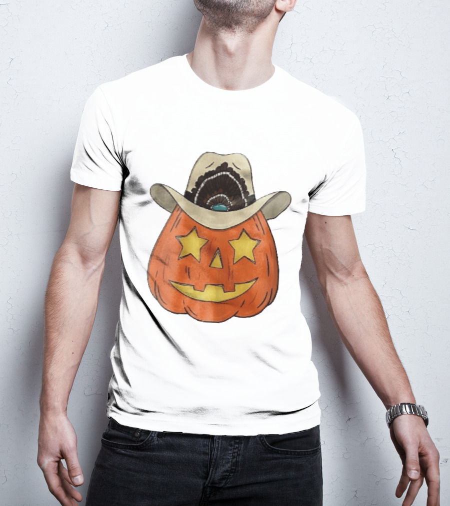Starry Eyed Jack O Lantern Pumpkin Cowboy Hat Feather T-Shirt