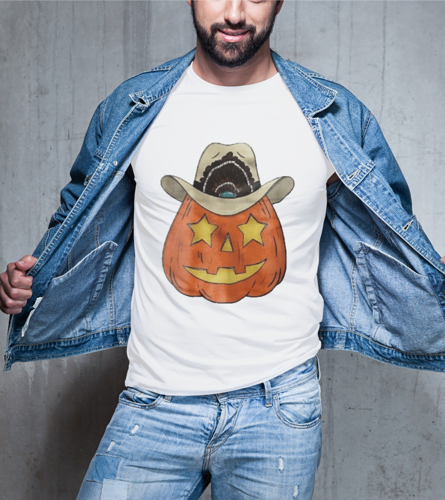 Starry Eyed Jack O Lantern Pumpkin Cowboy Hat Feather T-Shirt
