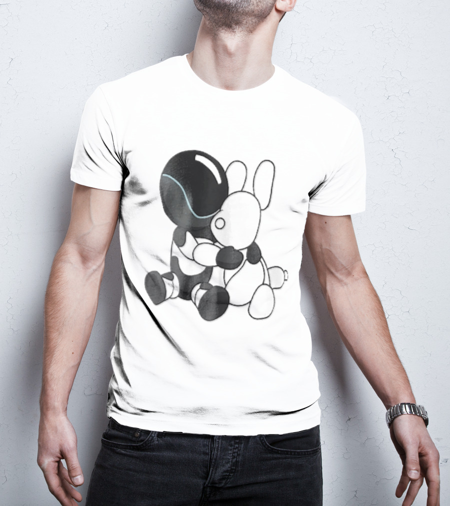 Cartoon Robot Embracing White Bunny Plush Toy T-Shirt