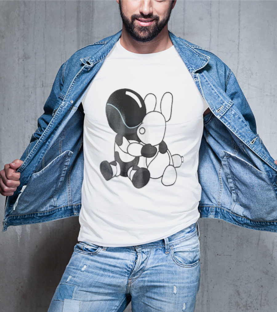 Cartoon Robot Embracing White Bunny Plush Toy T-Shirt